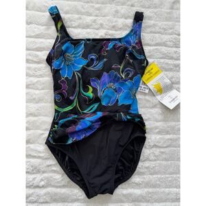Longitude Women's One Piece Shaping Swimsuit Floral Black Blue Purple Size 12